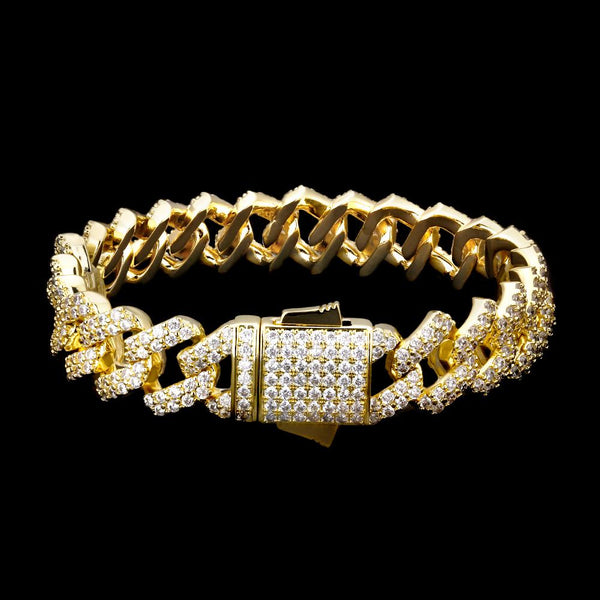 Diamond Prong-Set Cuban Link Bracelet - 12mm 18k Yellow Gold